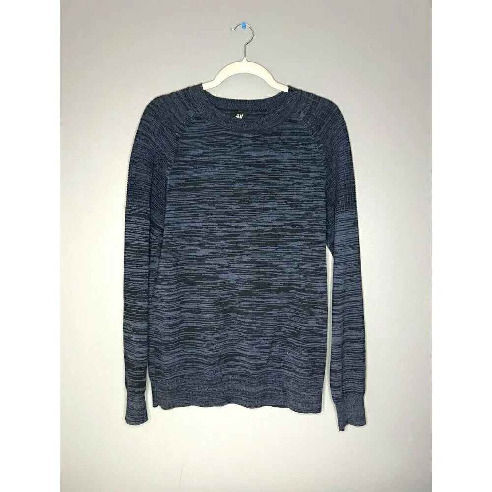 H&M 3D Knit Sweater Men's M Navy Blue 100% Cotton Geometric Moto Design Normcore